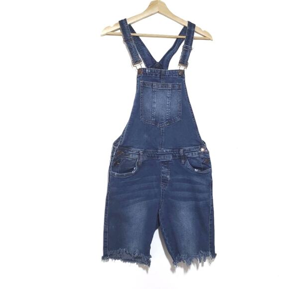 Bluenotes | Cut Off Denim Raw Hem Distressed Overall Shorts - Picture 1 of 8